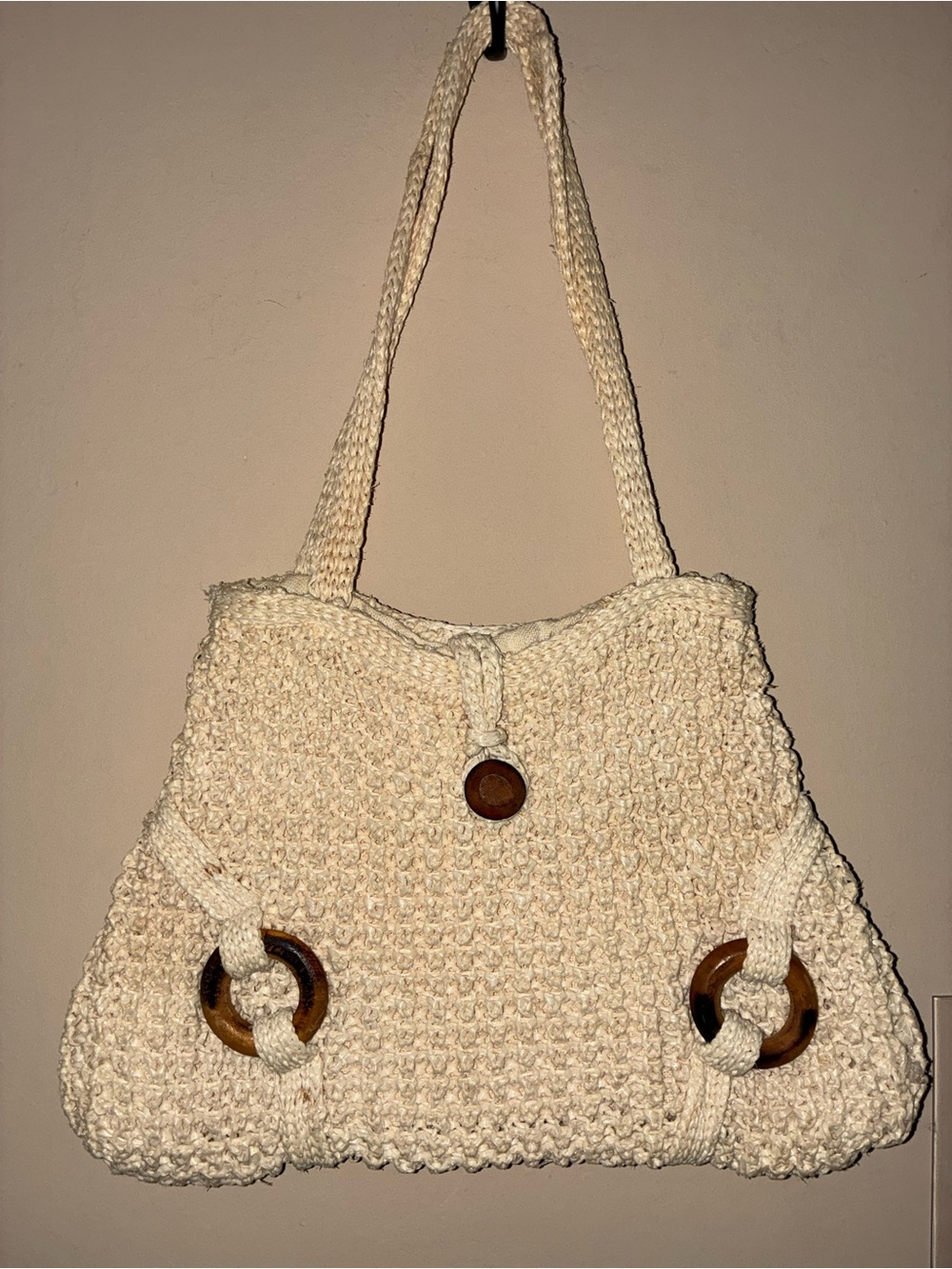 Handwoven Cream Crochet Mini Shoulder Bag with Wooden Accents